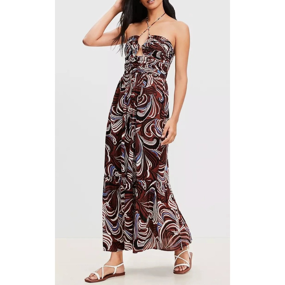 LOFT Beach Crinkle Keyhole Halter Maxi Dress Womens Size L Paprika Color Pockets